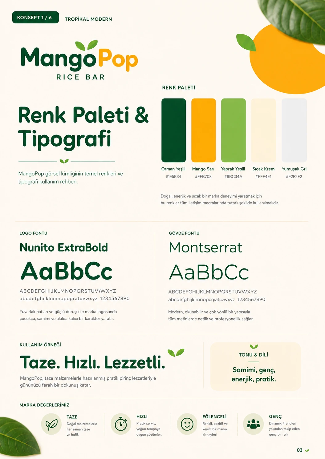 MangoPop renk paleti ve tipografi